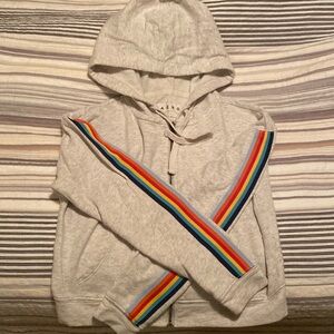 Zip up hoodie with rainbow detail on sleeves 
Aero